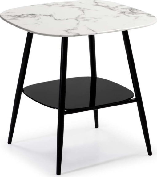 Bílo-černý odkládací stolek se skleněnou deskou v mramorovém dekoru Marckeric Alina