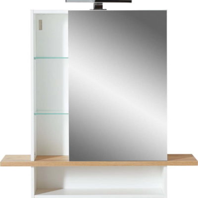 Bílá závěsná koupelnová skříňka se zrcadlem v dekoru dubu 90x91 cm Novolino - Germania