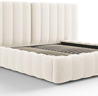 Béžová čalouněná dvoulůžková postel s úložným prostorem a roštem 160x200 cm Gina – Milo Casa